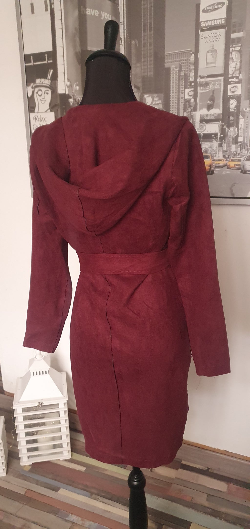 Manteau long bordeaux style suédine